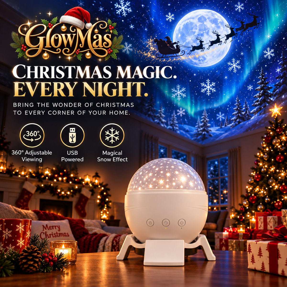 GlowMas Christmas projector filling a living room with moving snow