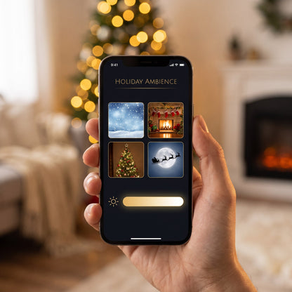 GlowMas mobile app showing the Christmas scene library and brightness slider