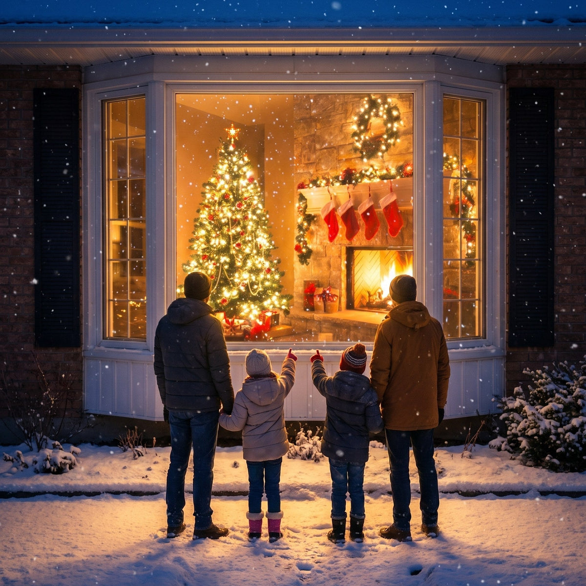 Family standing in the snow looking at their glowing GlowMas window