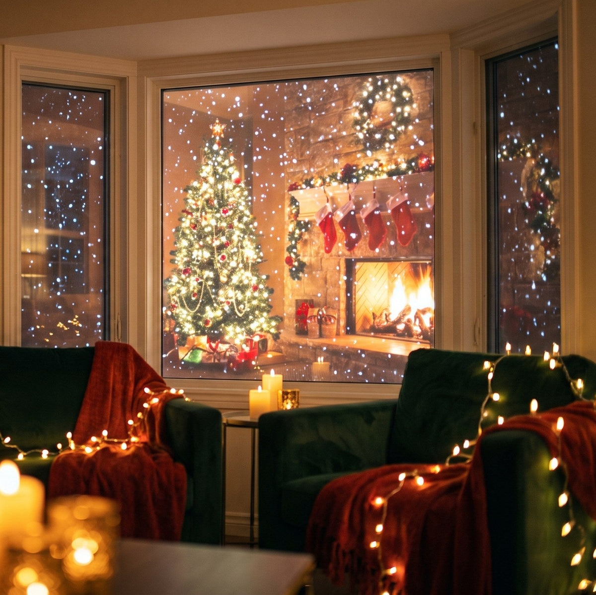 Cosy living room at night with the bay window showing a snowy Christmas scene