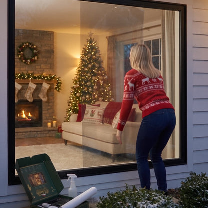 Woman smoothing the transparent GlowMas film onto the outside of a picture window, kit open on the ground