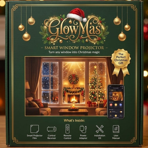 GlowMas Smart Window Projector box — dark green Christmas packaging with gold lettering