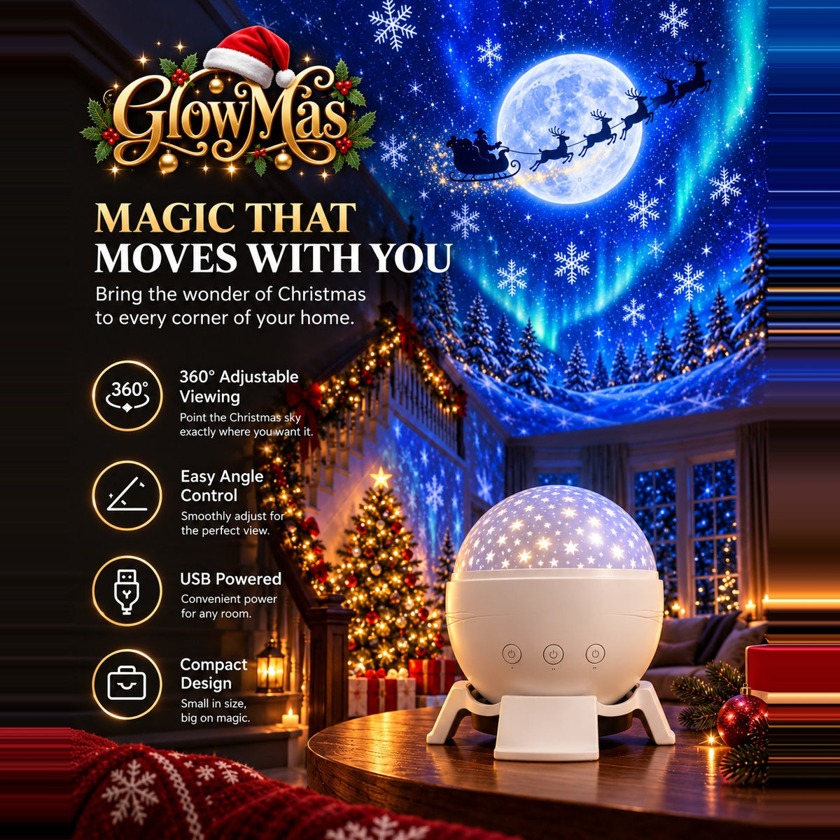 GlowMas projector features: 360 degree base, easy angle control, USB powered, compact