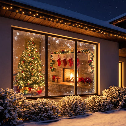 House at night seen from the street, the large window glowing with a projected Christmas tree and fireplace scene