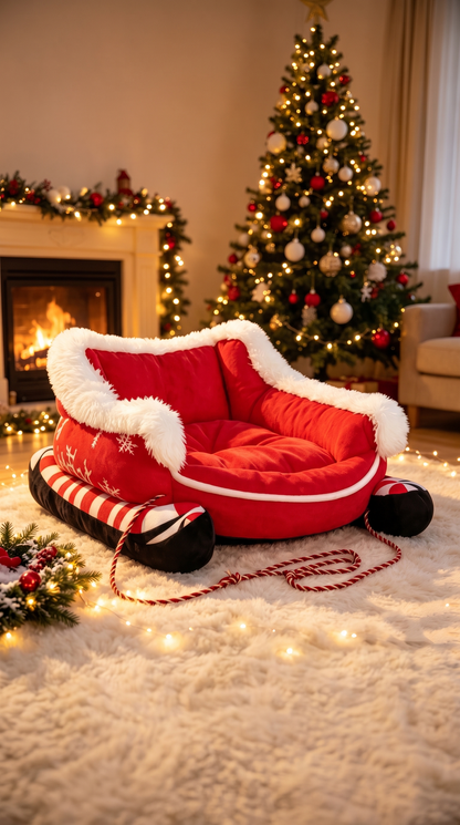 Santa red Christmas sleigh pet bed with white fur trim and candy cane runners in a decorated living room