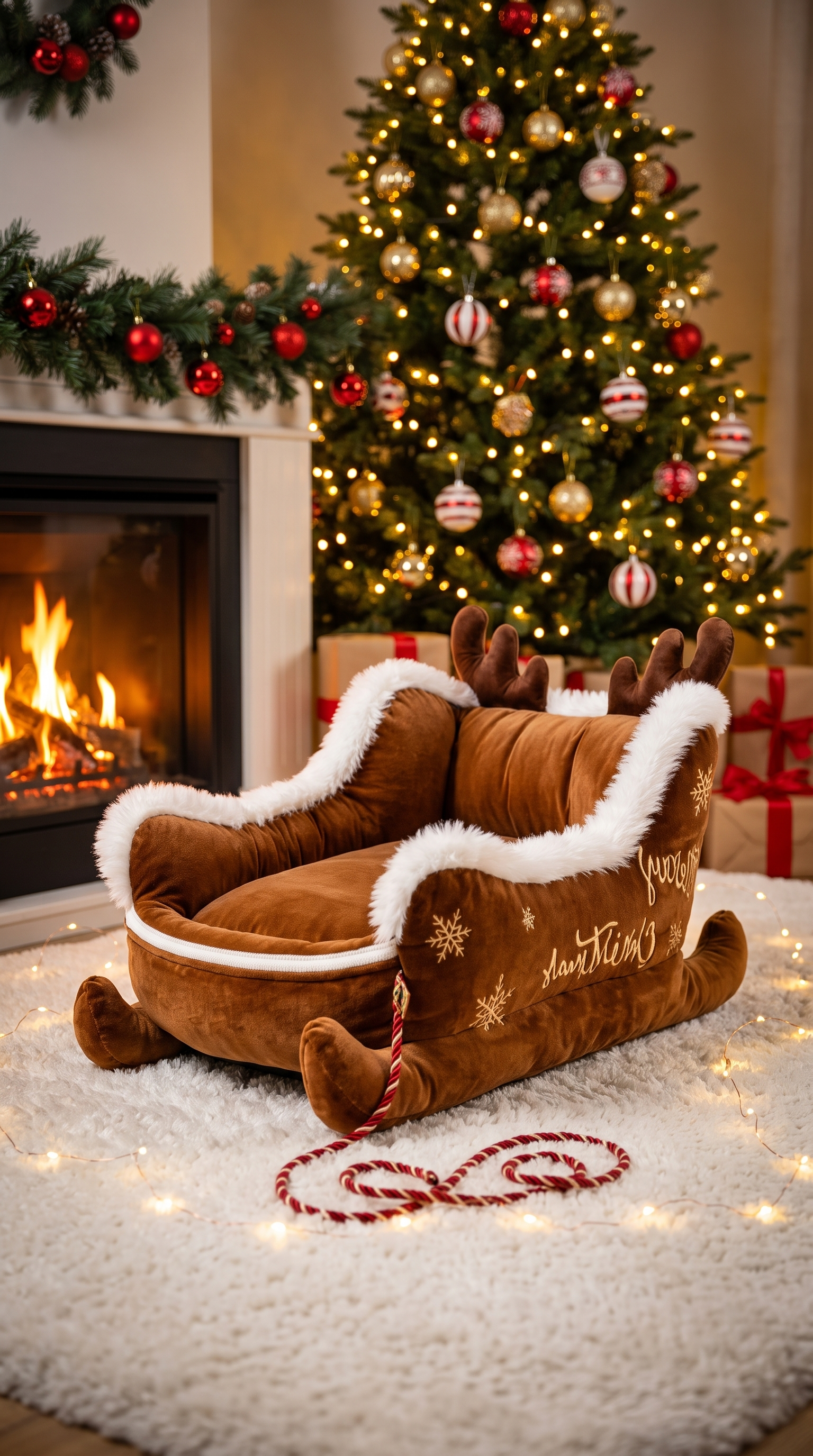 Brown velvet Christmas sleigh dog bed with reindeer antlers and Merry Christmas embroidery, beside a lit fireplace