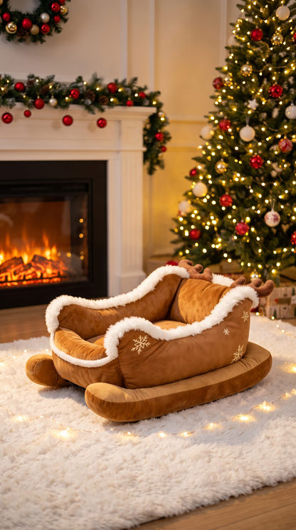 Side view of the Christmas sleigh dog bed showing the deep padded base and white fur trim